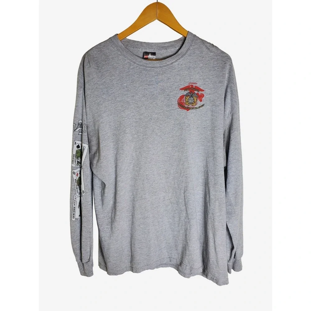 Vintage 90s Hanes Beefy T Marines USMC Long Sleeve Shirt XL Gray Graphic Navy